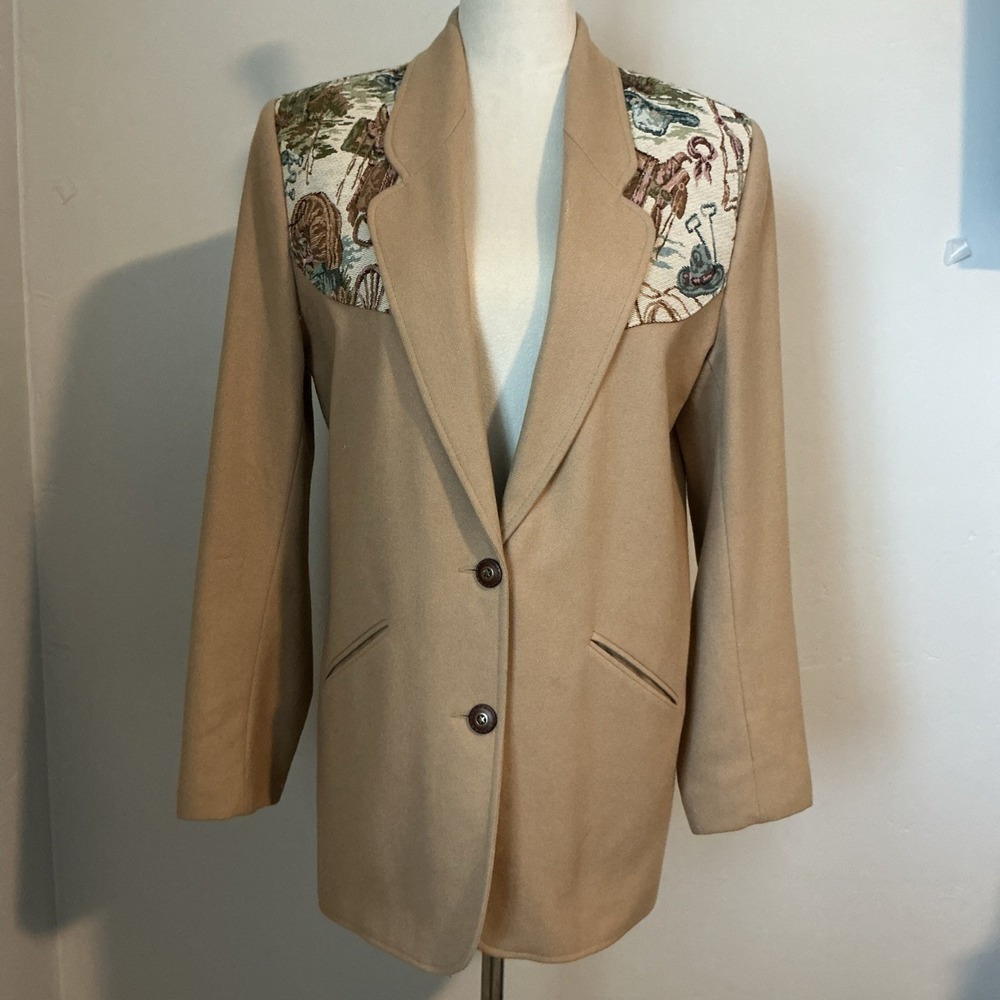 Vintage '80s Tan Wool Single Breasted Blazer Cowboy Tapestry Accents USA Sz M